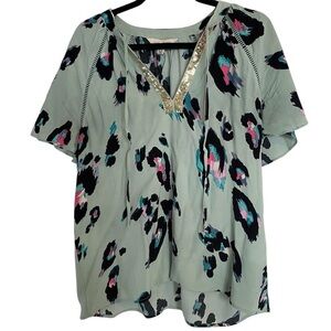 Love & Roses Green Animal Sequin V-Neck Blouse Sz 10 Girly Boho Indie Eclectic